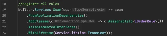 Escaneo de Scrutor para inyectar toda implementación de IOrderRule